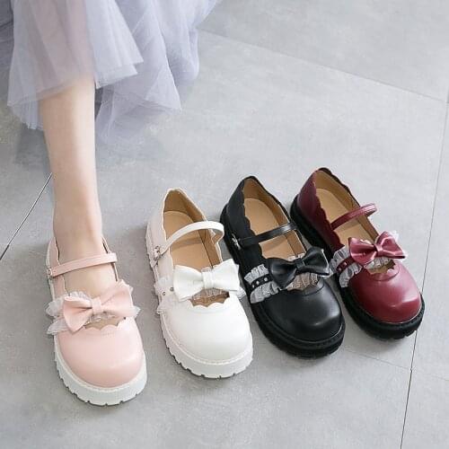 Japanese sweet lolita shoes pink white red black bow Harajuku heels women cute shoes korean women shoes round head kawaii shoes