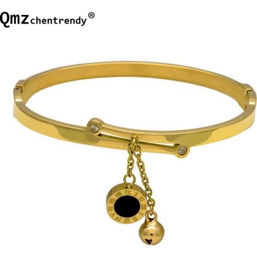 Women Stainless Steel Rose Gold Steel two-sided Black and White Shell Bangles with small bell Roman Numeral Round charm Bracelet