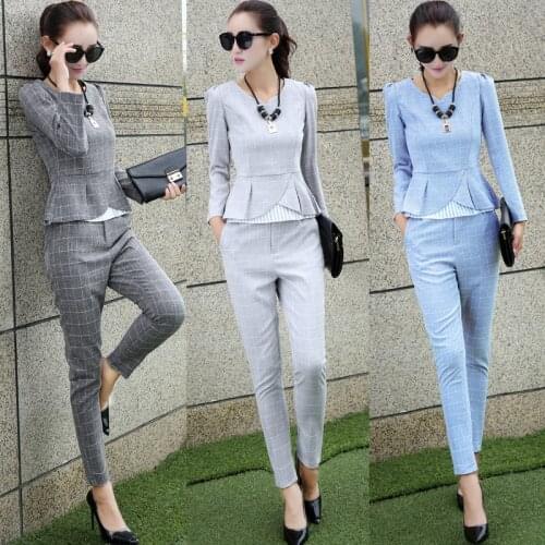 Two piece set Long Sleeve shirt tops +pants 2 piece outfits for women Autumn Workwear fashion Plaid tracksuit 2 piece set women