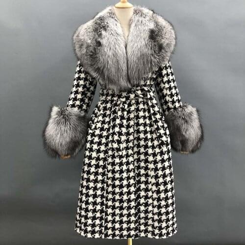 2021 Winter Womens Thousand Bird Lattice Coat Long-Style Fashion Wool Coat Fox Collar Cashmere Overcoat