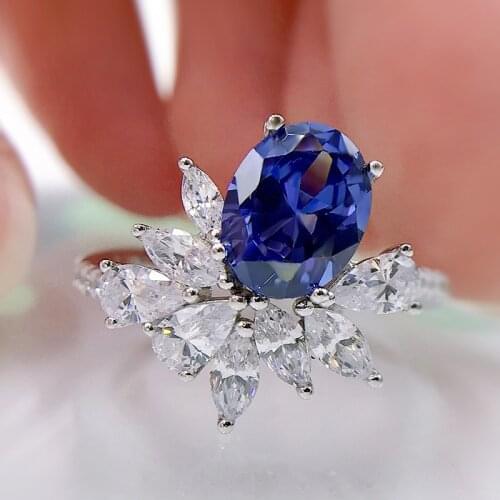 100% 925 Sterling Silver 7*9mm High Carbon Diamond Synthetic Sapphire Rings For Women Sparkling Wedding Fine Jewelry