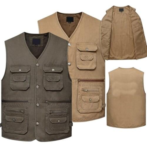Men Classic Summer Vest Cotton Button Multi Pocket Sleeveless Jacket With Many Pockets Solid Big Size Travel Waistcoat