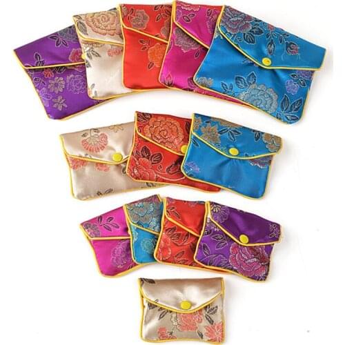 12pcs Chinese Silk Pouches Satin Fabric Zipper Coin Purse Small Wedding Candy Gift Bag Christmas Jewelry Packaging Cases