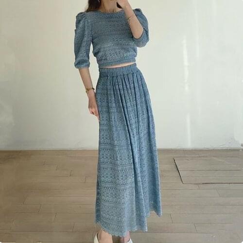 2021 New Fashion Two Piece Set For Women O-Neck Lace Hollow Out Short Sleeve Tops High Waist Pleated Mid Skirt Suit