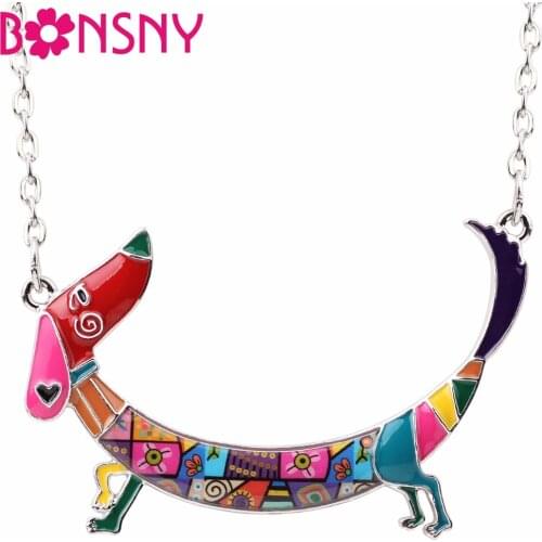 Bonsny Metal Enamel Cute Dachshund Dog Necklace Pendant Chain Collar Cartoon Animal Jewelry For Women Girls Pet Lovers Gift Bulk