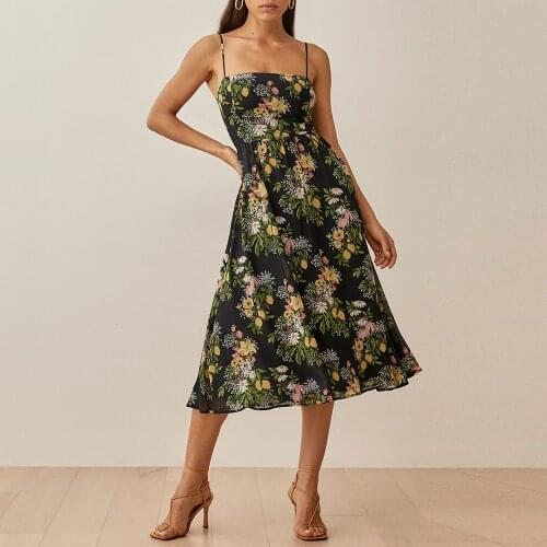 Vacation Beach Dresses For Women 2021 Elegant Summer Vintage Floral Dress Straight Neck Sleeveless Spaghetti Strap Midi Dress