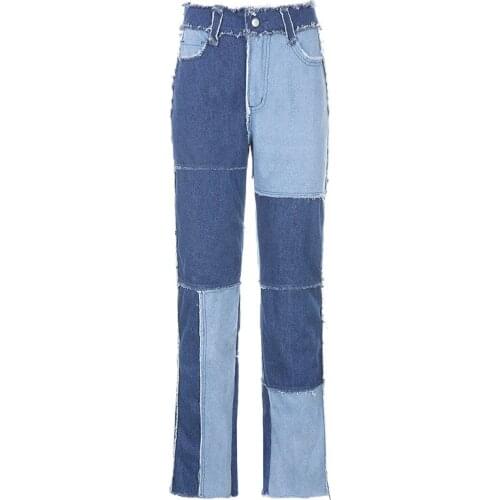 Autumn Spring Women Patchwork Skinny Straight Leg Jeans High Waist With Pockets Sexy Color Block Ladies Trousers