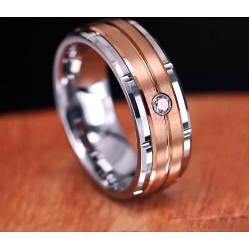 I & FDLK 8MM Mens Fashion Rose Gold Titanium Steel Ring Crystal Inlaid Wedding Band Engagement Jewelry Gift For Him