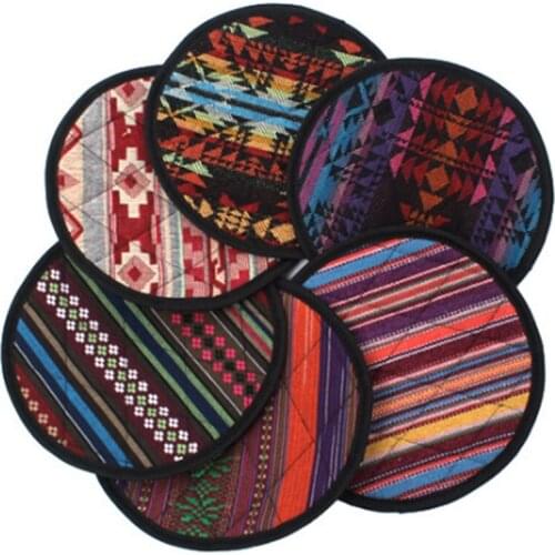 Round Heat Resistant Cloth Mat Ethnic Style Drink Cup Coasters Non-Slip Pot Holder Table Placemat, 6PCS