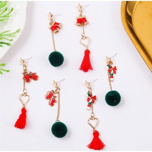 Cute Enamel Bell Glove Cane Drop Earrings For Women Green Pom Pom Red Tassel Asymmetrical Earring Girls Gifts Christmas Jewelry
