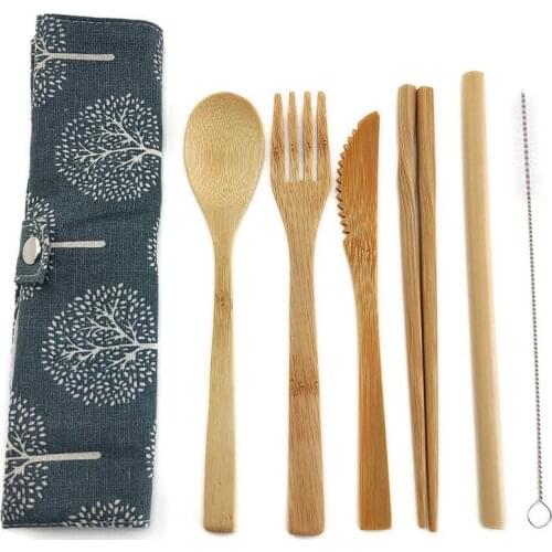 Eco Friendly Bamboo Cutlery Set of Wooden Utensils with Reusable Bamboo Spoon, Fork, Knife,and Reusable Straw Cleaner For Travel