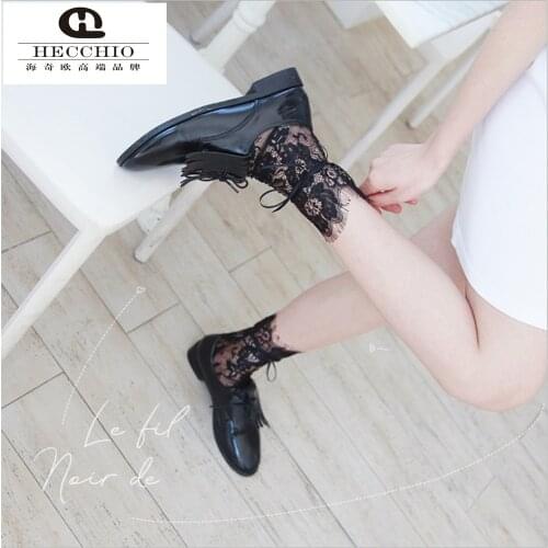 Spring And Summer New Feminine Straps See-through Eyelashes Lace Sailor Socks Retro Hollow Net Stockings Bow Female Socks
