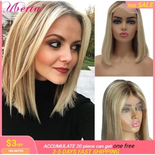 Highlight Human Hair Bob Wigs T Part Lace Wig Human Hair Bob Middle Part Ombre Highlight Straight Short Bob Wig For Black Women