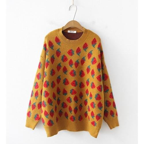 Winter Sweet Strawberry Pullover Women Loose Round Collar Thick Sweater Female Long Sleeve College Style Student Tops Wear H9453