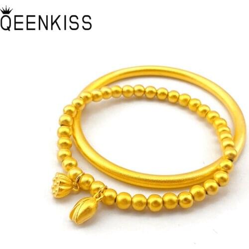 QEENKISS BT521 Fine Jewelry Wholesale Hot Fashion Woman Girl Birthday Wedding Gift Ball Matte Lotus 24KT Gold Bracelet Bangles