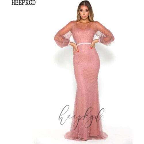 Luxury Dusty Rose Mermaid Long Sleeves Arabic Evening Dress Pearls Tulle Special Occasion Women Dresses Plus Size Prom Gowns