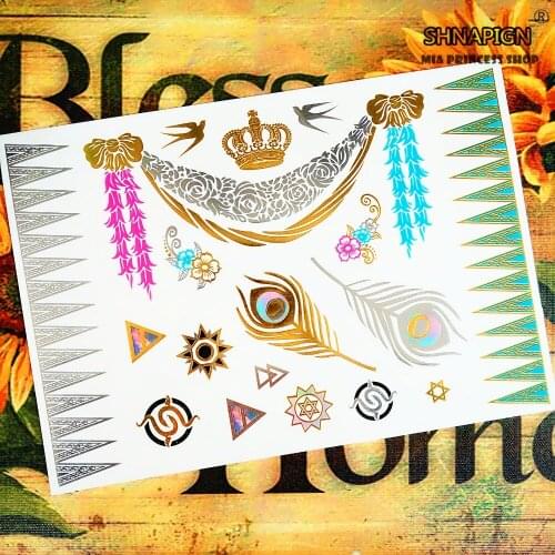 SHNAPIGN 24 style Temporary Body Art,Crown Feather golden Swallow Designs,Flash Tattoo Sticker Keep 3-5 days Waterproof 21*15cm