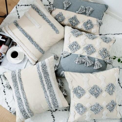Nordic Hand-Embroidered Tufted Pillow Cover Moroccan Geometric Tassel Cushion Pillowcase