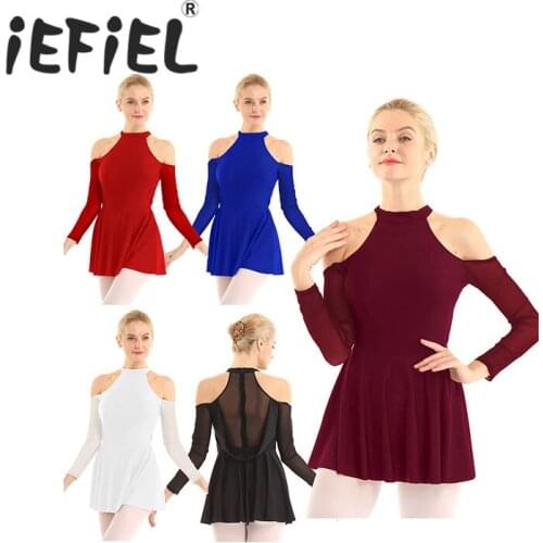 Women Adults High Neck Cut Out Shoulder Long Sleeves Mesh Splice Back Ballet Dance Gymnastics Leotard Stage Performance Dress