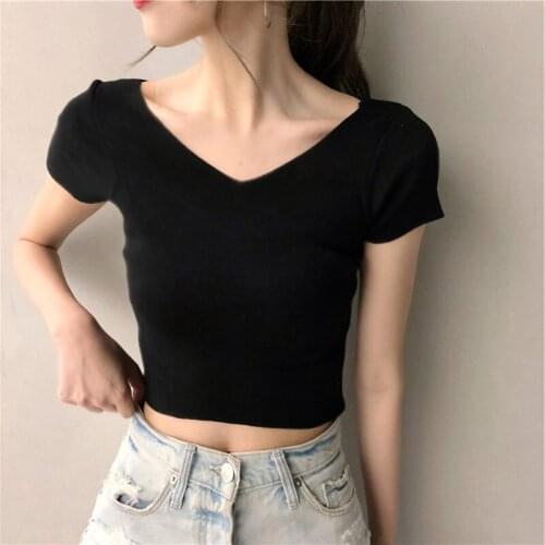 2021 New Cropped Short-sleeved T-shirt Womens Summer Short Slim V-neck Top Bottoming Shirt Tide