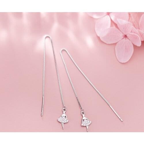MloveAcc Fashion Genuine 925 Sterling Silver Line Ballet Girls Long Chain Drop Earrings for Women Sterling Silver Jewelry