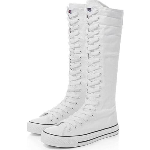 Womens High Boots Spring and Autumn Womens Shoes Canvas Casual High Top Shoes Long Boots Comfortable Flat Boots Sports Shoes