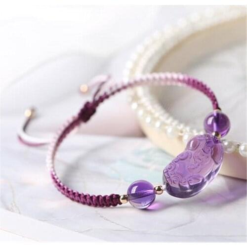 Natural Quartz Pixiu Bracelet Woman Natural Stone Amethyst Rose Quartz Adjustable Bangle Jewellery Accessorie Hand-Carved Amulet