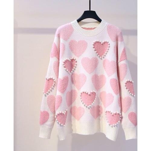 Women Knitted Sweater and Pullovers Oneck Pearls Beading Sweaters Sweet Heart Pull Jumpers Long Sleeve Pull Femme
