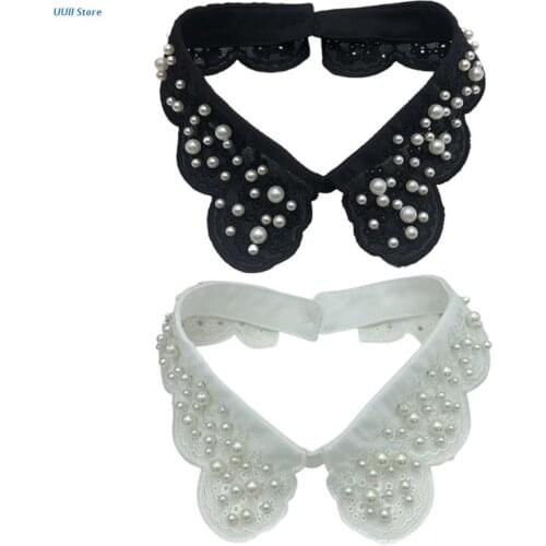 Women Elegant Scalloped Butterfly Lace False Fake Collar Handmade Imitation Pearl Beading Detachable Choker Necklace Decorative