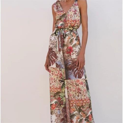 ZXQJ Women 2021 Fashion With Belt Floral Print Front Vents Jumpsuits Vintage Backless Bow Tie Straps Female Playsuit Mujer