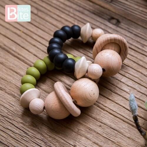 Bite Bites 1pc Baby Nursing Bracelets Rattles Toys Silicone Teether Wooden Rodent Rings Food Grade Perle Silicone Beads Teething