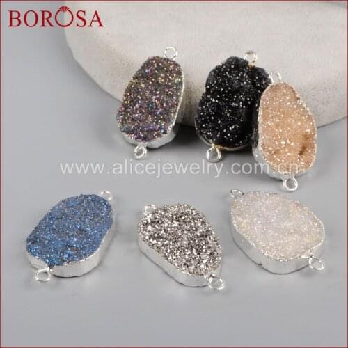 BOROSA Druzy Stone Silver Plated Connector Rainbow Titanium Natural Stone Druzy Geode Connector Double Bails Druzy Jewelry S1312