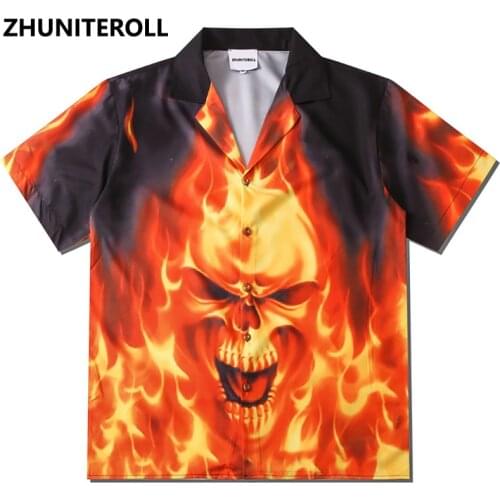 2021 Hawaiian Beach Shirts Flame Skull Print Hip Hop Button Shirt Mens Fashion Short Sleeve Holiday Party Blouse Tops Streetwear