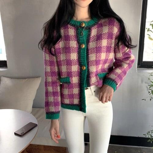 2020 Korean Spring Knitted Sweaters Lady Vintage Plaid Knit Cardigan Female Fashion Sweater Coat for Women Clothing
