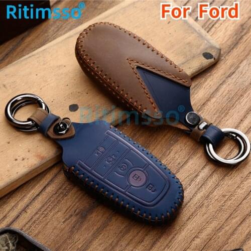 Leather Key Case Cover for Ford Fusion Mustang Explorer F-150 F-250 F-350 2017 2018 Remote Key Case Fob Shell Cover Skin Holder