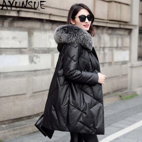AYUNSUE Genuine Leather Down Jacket Women Winter Sheepskin Coat Female Fox Fur Collar Hooded Leather Jackets Women ZM-612 KJ5400
