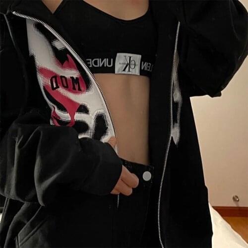 E-girl Zipper Y2k Harajuku Korean Style Loose Skull Print Goth Jackets Long Sleeve Top Hoodies Coat Black Retro Unisex Outerwear