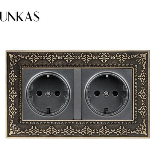 UNKAS 16A Russia Spain Wall Electrical Outlet 146mm*86 Double EU Standard Power Socket 4D Embossing Retro Zinc Alloy Metal Panel