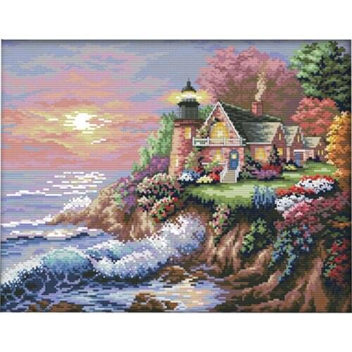 Cross Stitch Kit Pre-Printed Pattern Scenery- Seaside Lighthouse 11Ct Fabric 22 Inches By 17.7 Inches, Cross-Stitching Needlewor