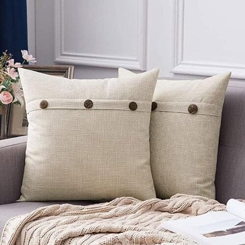Set of 2 Linen Throw Pillow Covers Cushion Case Triple Button Vintage Farmhouse Pillowcase for Couch Sofa Bed 18 x 18 Inch Black