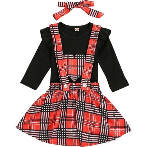 New Girl Skirt Three Piece Suit Fashion Heart Long Sleeve T-Shirt Plaid Suspender Skirt And Headband Spring Autumn Black