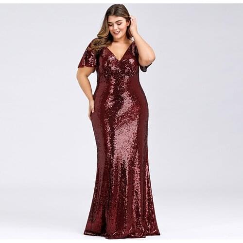New Evening Dress Simple Elegant Deep V-Neck Floor-Length Pleat Short Sleeves Sequins Mermaid Plus Size Women Formal Gowns D1013
