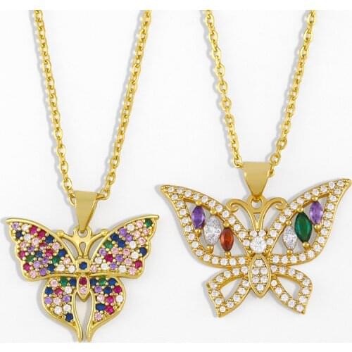 FLOLA Multicolor Butterfly Necklace Chain Gold Stone Pendant Necklace For Women CZ Cubic Zirconia Trendy Jewelry Gifts nkes50