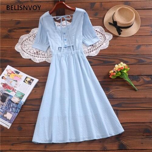Mori Girl Summer Women Midi Dress Square Collar White Blue Bandage Hollow Out Dress Cotton Linen Elegant Puff Sleeve Dress