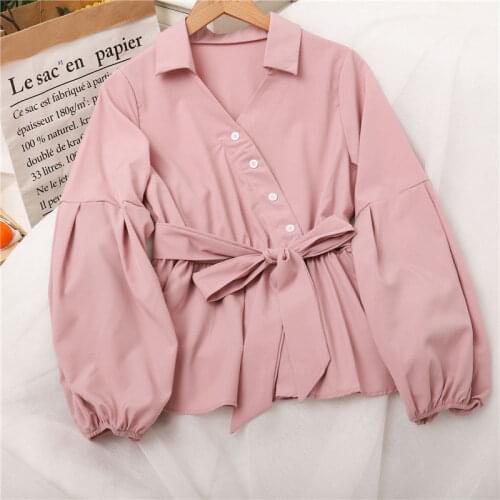 Korean V-Neck Button Ruffle Shirt Women Elegant Lantern Sleeve Elastic Waist Blouses Fashion Sweet Lace-Up Sashes Pullover Tops
