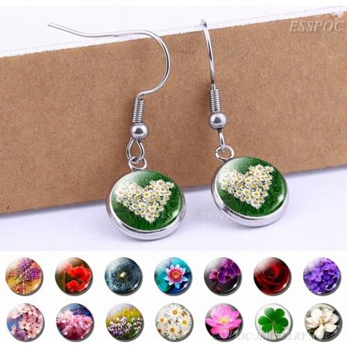 Daisy Rose Sakura Dangle Earirngs Flowers Silver Color Earrings Glass Cabochon Jewelry Girl Delicate Ear Hook Women Fashion Gift
