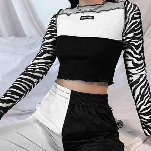SEASONS Color Contrast Patchwork Womens t-shirts Autumn Zebra Stripes Print Tee Shirt Women Harajuku Fashion T-shirt ASTS81852