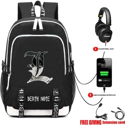 Death Note Human Evolution Book bag Rucksack Student School Bag For Boys Girls Travel Backpack USB Port Mochila Black Backpack