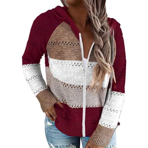 Plus size Sweater apparel Women Autumn Winter Long Sleeve Color Block Hollow Out Knitted ladies Hooded Sweater Coat