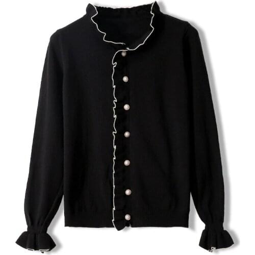 Slim Women Sweater Fall Women Cardigan Tops Elegant Pearl Buckle Flare Sleeve Sweater Knitting Comfortable Tops Preppy Style